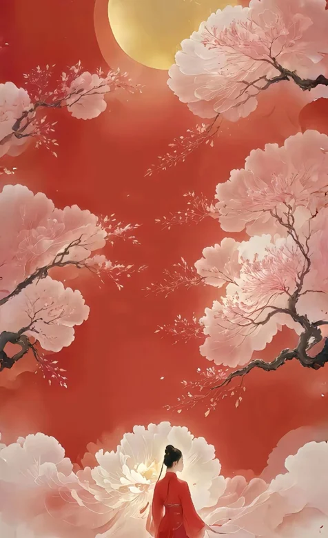 古风美女，花枝，花朵，明月，红色背景，红色衣裳古风美女唯美手机壁纸