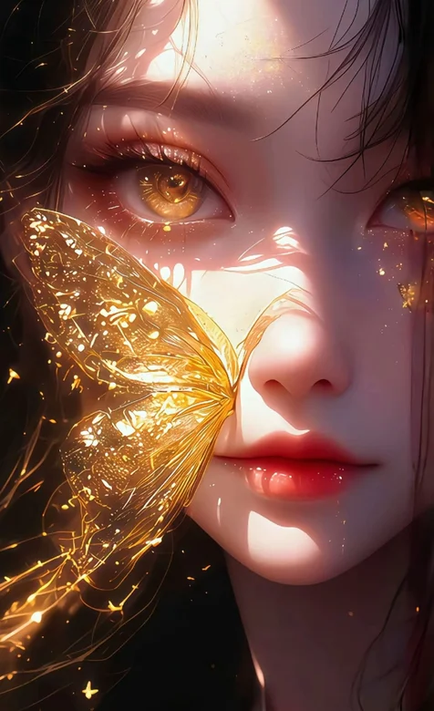 蝴蝶与少女，阳光，大眼睛，黄色眼球，红唇AI美女手机壁纸图片