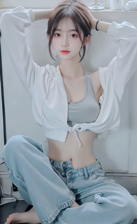 难得的温柔，高颜值美女小姐姐束身内衣加牛仔裤穿搭温柔居家写真手机壁纸