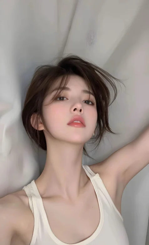 高颜值美女，傲娇的白色背心穿着美少女手机壁纸图片