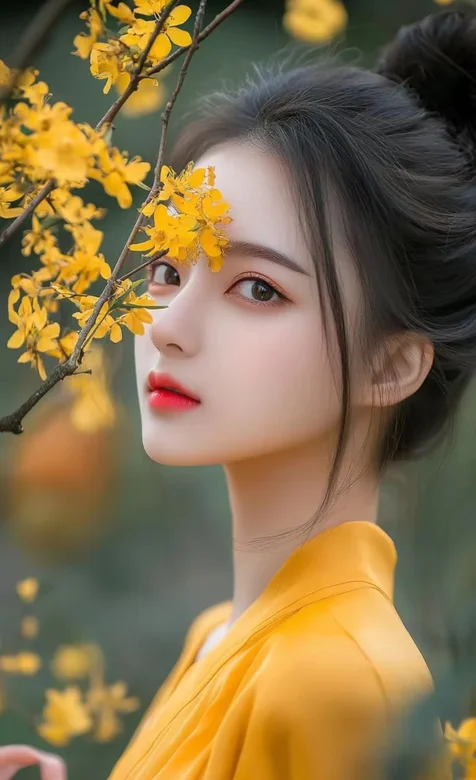 花美人，明媚动人，黄色花朵，衣服，相互映衬，AI美女精美手机图片