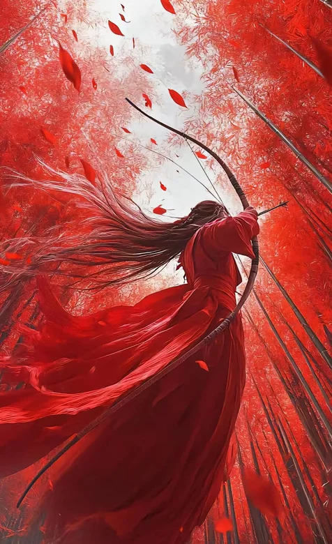 古风图片，红色竹林，红色衣裳男，射箭，唯美古风手机壁纸图片