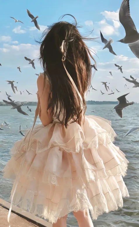 海边，海鸥，可爱裙装少女背影手机壁纸图片