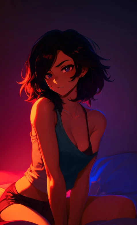 昏暗的灯光，坐在床上的吊带背心短裤穿着欧美动漫美女手机壁纸图片
