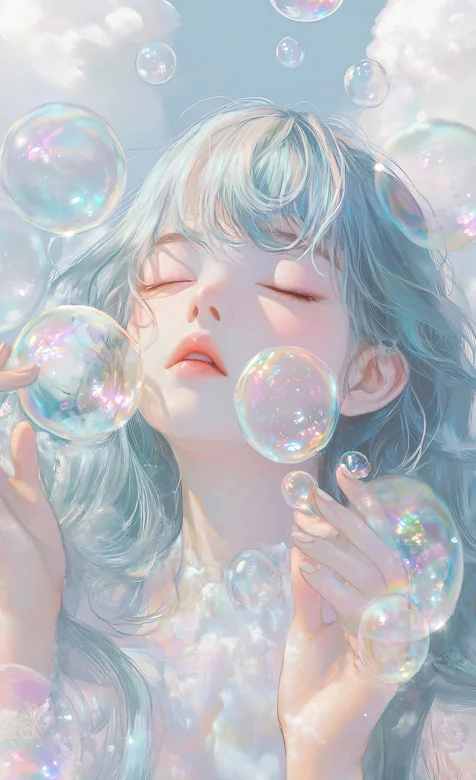 泡泡女孩，闭着眼睛的很可以动漫少女唯美手机壁纸图片