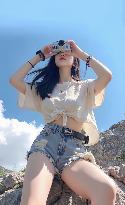 淡然处世, 随心而行，旅拍美女，坐在石头上的牛仔短裤美女手机壁纸图片