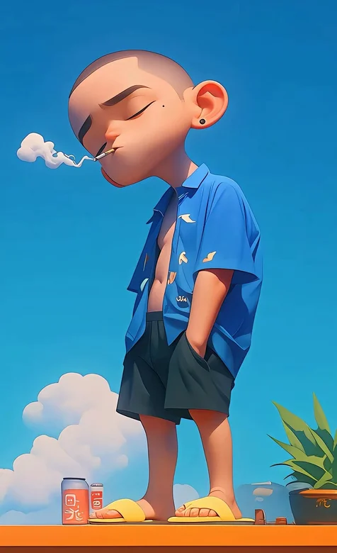 放下琐事, 活得轻松自在，叼着烟，穿着衬衣，短裤，拖鞋的颓废男动漫手机壁纸图片