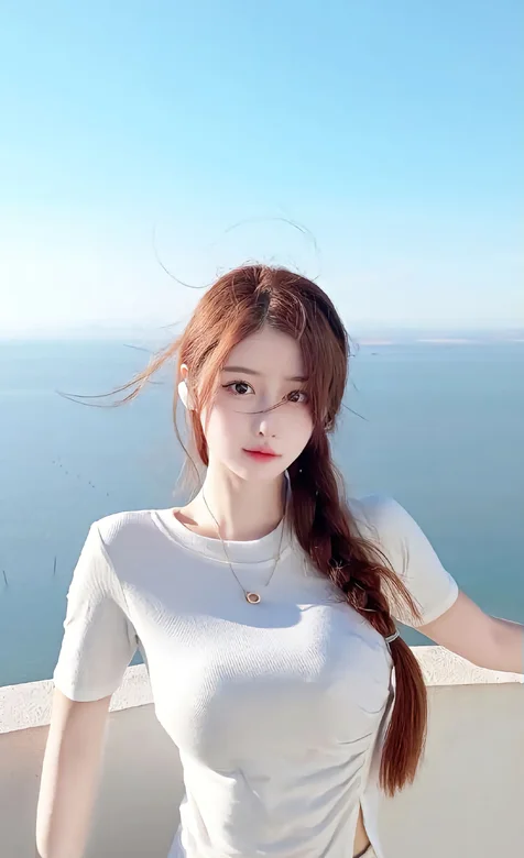 麻花辫美女，海岸边的白衫美女手机壁纸照片