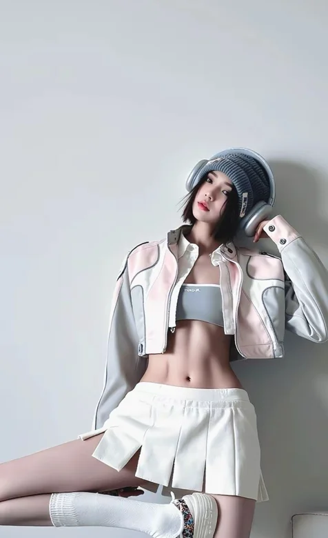 听音乐的裙装少女，戴着耳麦，穿着灰短裙的腹肌美少女手机壁纸图片