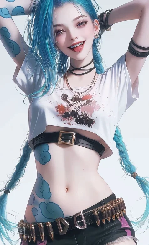 金克丝，白衫加牛仔短裤穿着的金克丝AI手机壁纸图片