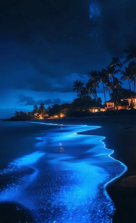 夜晚，浪漫的荧光海浪，沙滩，海边沙滩度假村风景手机壁纸图片