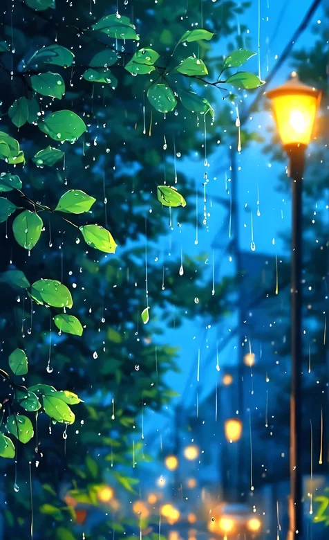 下雨天，雨滴，藤蔓，绿叶，路灯，雨中街景AI手机壁纸图片