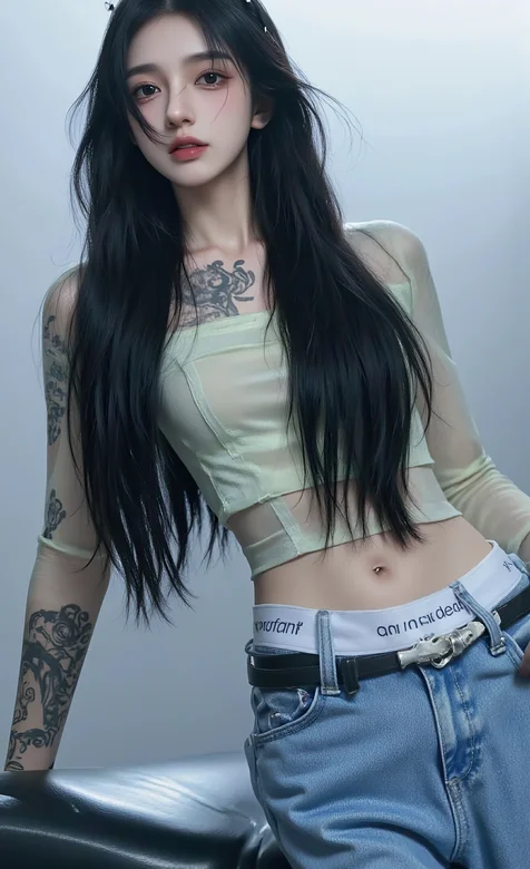 高颜值，身材高挑，牛仔裤纹身AI气质美女手机壁纸图片