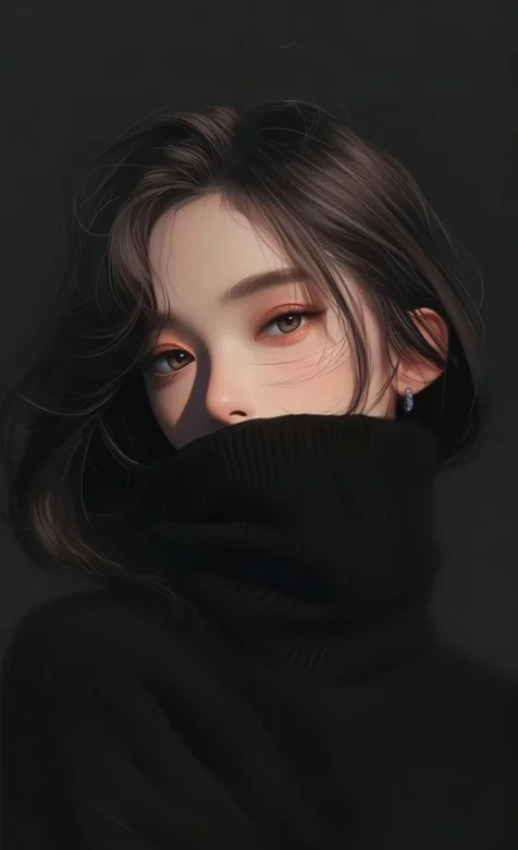 高冷美女，身着黑色高领毛衣的短发发型AI美女手机壁纸图片