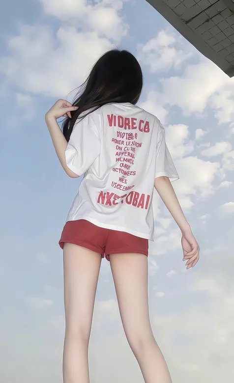 仰望天空女孩，白色字母T恤，红色短裤穿着美腿美少女背影手机壁纸图片