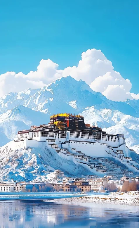 布达拉宫，雪山，天空，白云，景色手机壁纸图片