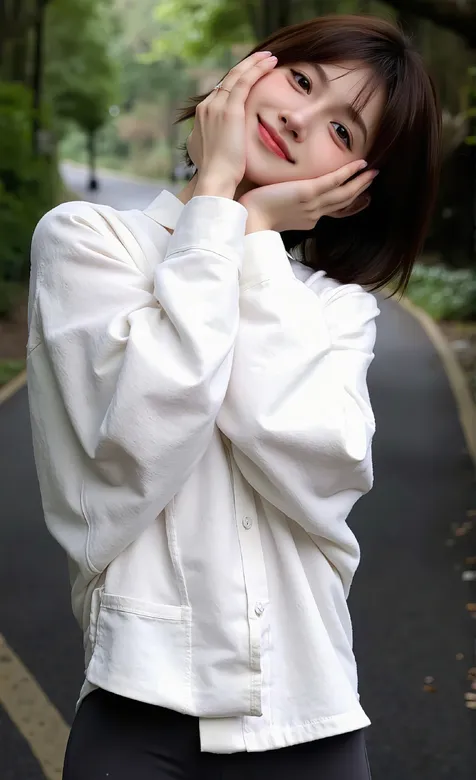 林间少女，双手托腮，身着紧身裤的可爱短发美少女晨跑AI手机美图壁纸