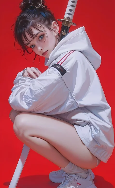 酷飒AI美少女，蹲在地上，抱着武士刀的白色防风衣短裤美少女手机壁纸图片