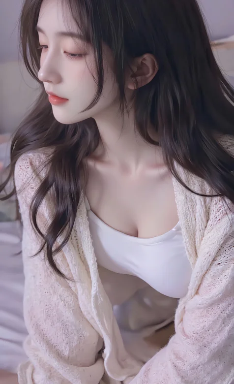 侧坐在床上的AI美女侧颜身材手机壁纸图片