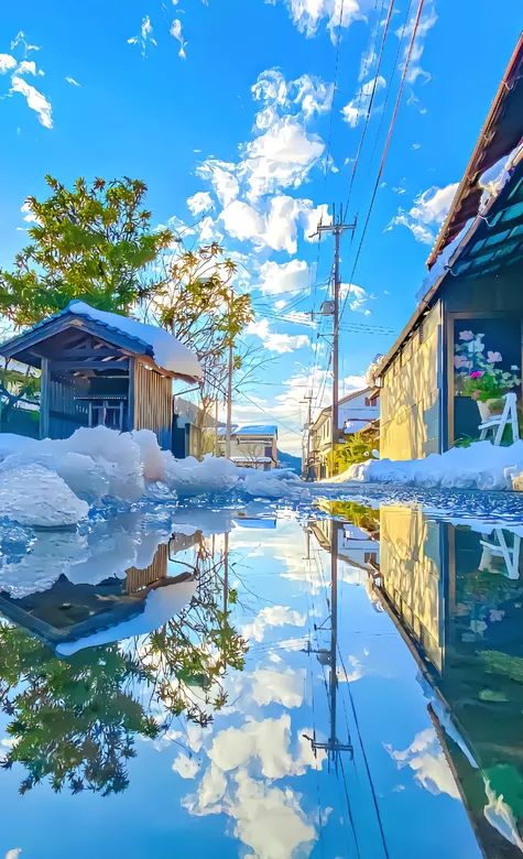 清新小镇，小屋，路面上融化的冰水，倒影，AI风景手机壁纸图片