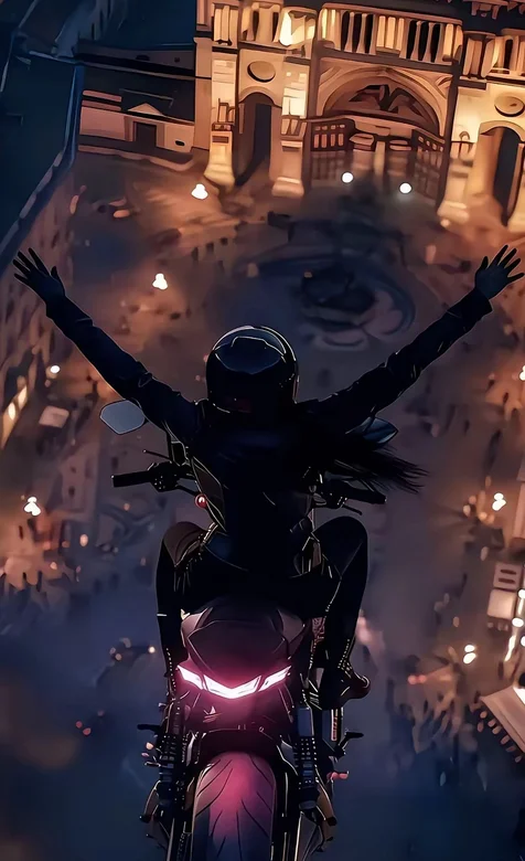 骑着摩托车飞跃的ai美女背影手机壁纸图片