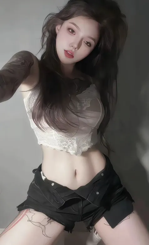 酷飒美女，张开双腿，半跪在地上纹身AI美女白衣短裤小蛮腰手机壁纸图片