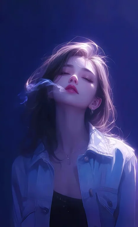寂寞如烟，闭着眼睛，短发AI美女，抽烟的女生手机壁纸图片