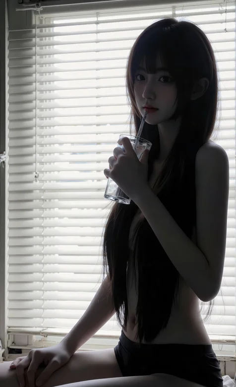 百叶窗前，坐在边沿，手拿玻璃杯喝水的裸身短裤AI长发美女手机壁纸图片
