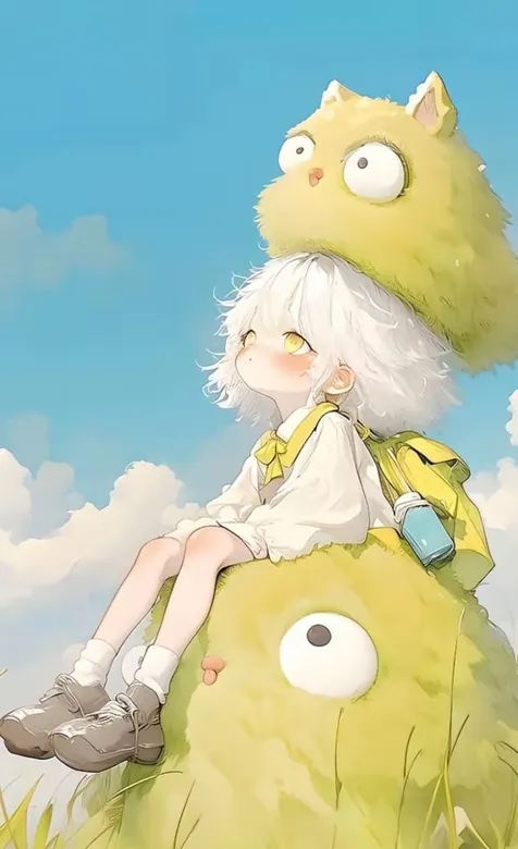 胖萌宠物和可爱小女孩卡通人物手机壁纸图片