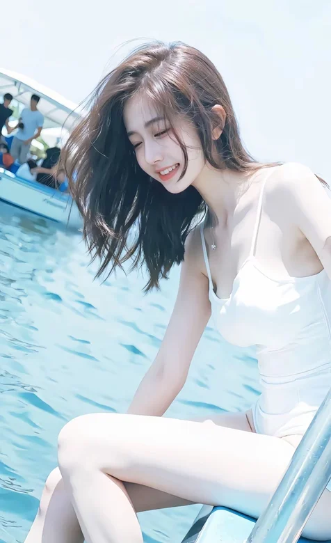 坐在观光小船边沿上玩水的甜美笑容比基尼美女手机壁纸图片