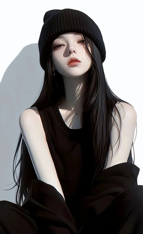 酷飒好看的女生，穿着黑衣黑裤黑帽的高冷AI美女手机壁纸图片