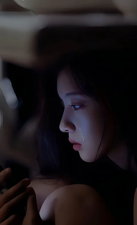 暗夜，拿着手机，伤心流泪的女生手机壁纸图片