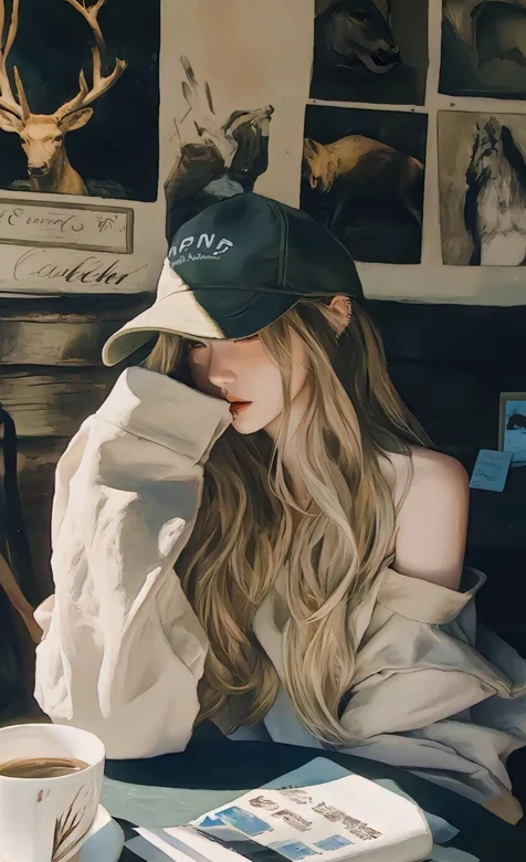 阳光明媚，安静，喝咖啡，戴着帽子，时尚酷女孩女生手机壁纸图片