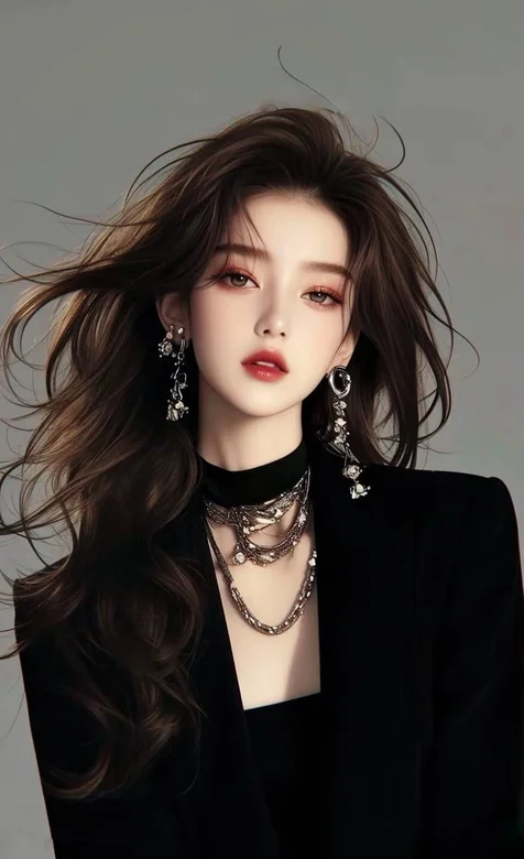 轻舞飞扬的秀发，高颜值，小脸，甜酷气质AI美女黑色西服穿搭手机壁纸图片