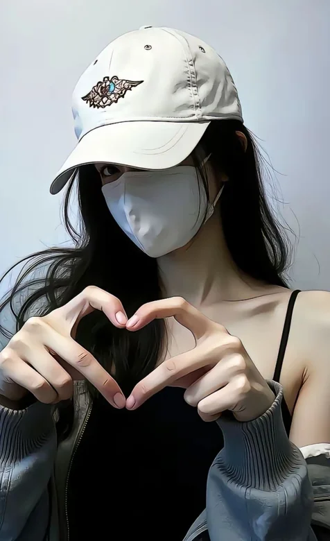 手比爱心手势，戴着口罩，帽子，不露脸酷女孩女孩手机壁纸照片