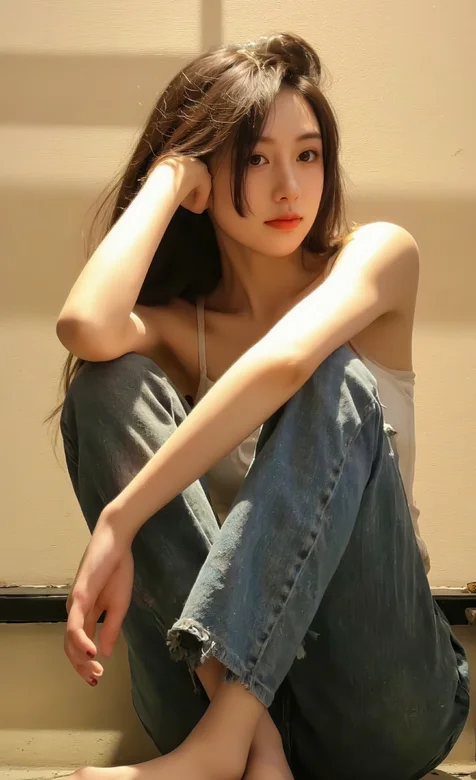 简约牛仔裤AI美女私房手机壁纸图片