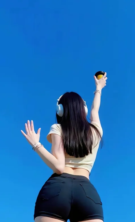 蓝天下，手举着咖啡的翘臀短裤美腿美女背影壁纸，善待自己，生活自然精彩纷呈