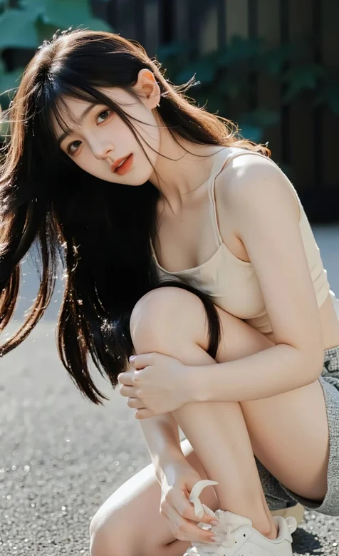 蹲在地上系鞋带的高颜值AI女生吊带内衣加牛仔短裤穿搭唯美手机壁纸