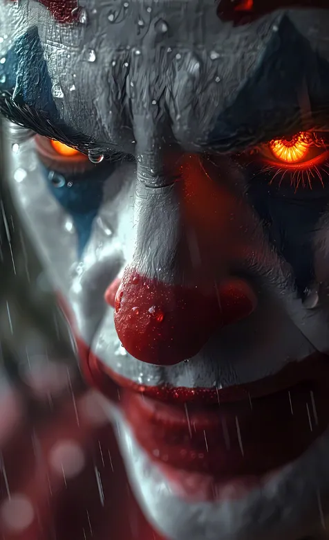 小丑，下雨，雨滴，火红的眼睛，被雨淋湿了脸颊的小丑AI手机壁纸美图