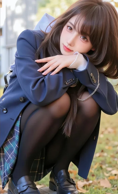 抱膝蹲在草地上的学院风JK短裙丝袜清纯AI美少女手机壁纸图片