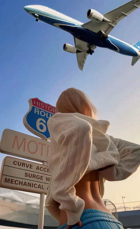 飞机，路标，路牌，翘臀小蛮腰健美身材美女背影手机壁纸图片