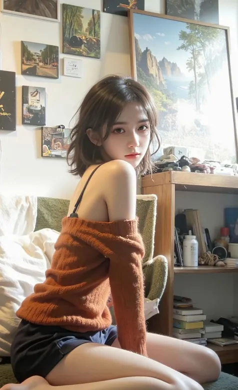 满是挂画的房间，美丽的毛衣短裤清纯美女沙发写真侧颜手机壁纸图片