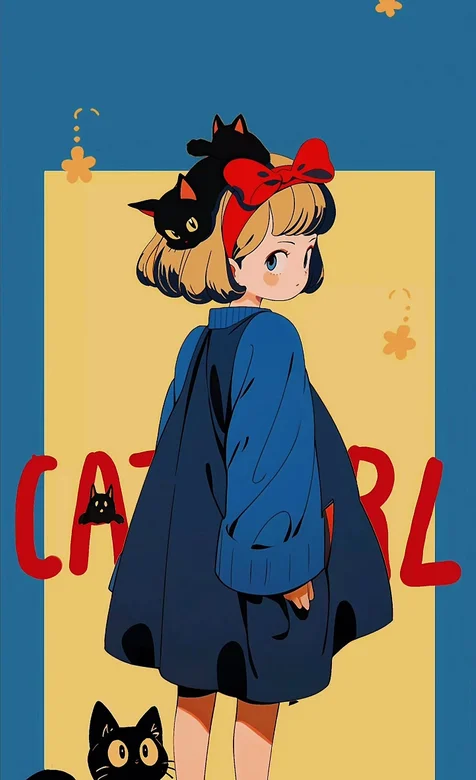 卡通少女，黑猫，魔女宅急便卡通少女插画手机壁纸