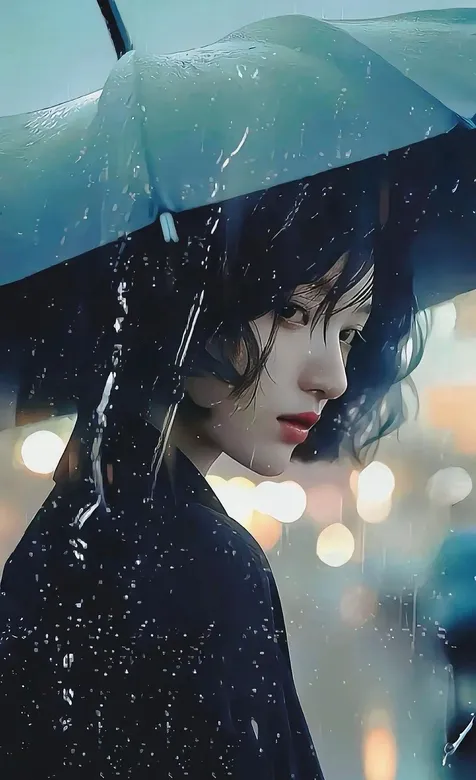 雨中女生，撑着黑色雨伞走在雨中的短发忧伤女生侧颜手机壁纸