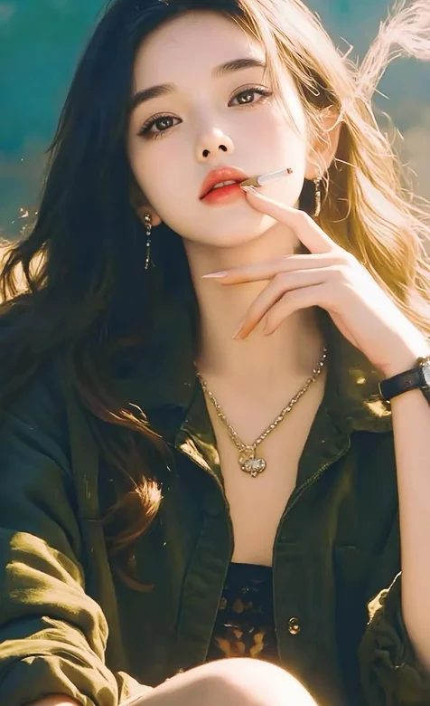 叼着烟的夹克美女手机壁纸图片