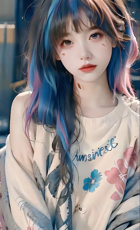 粉彩发型，印花毛衣动漫AI少女手机壁纸图片