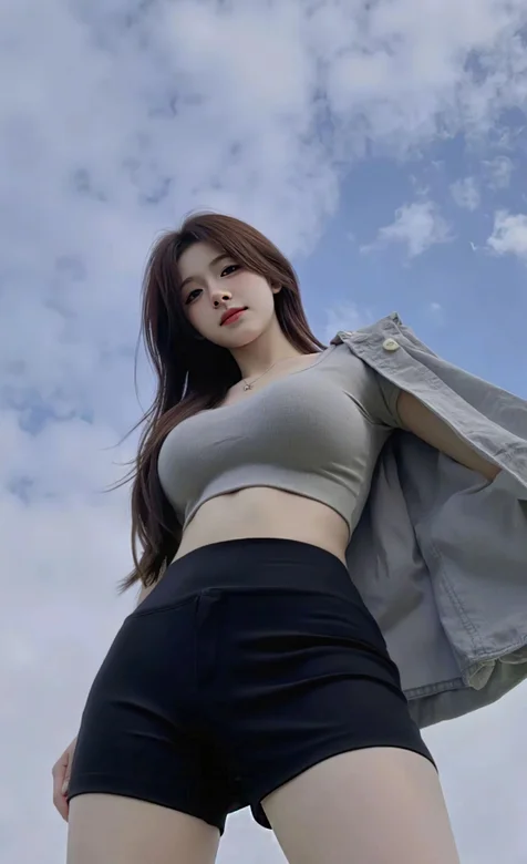 仰看视觉，紧身运动内衣，短裤，丰满AI美女手机壁纸图片