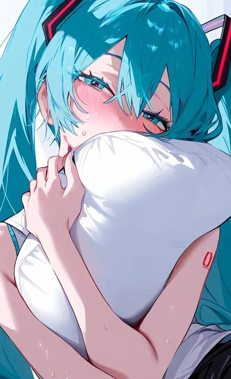 抱着枕头的初音未来动漫手机壁纸插画