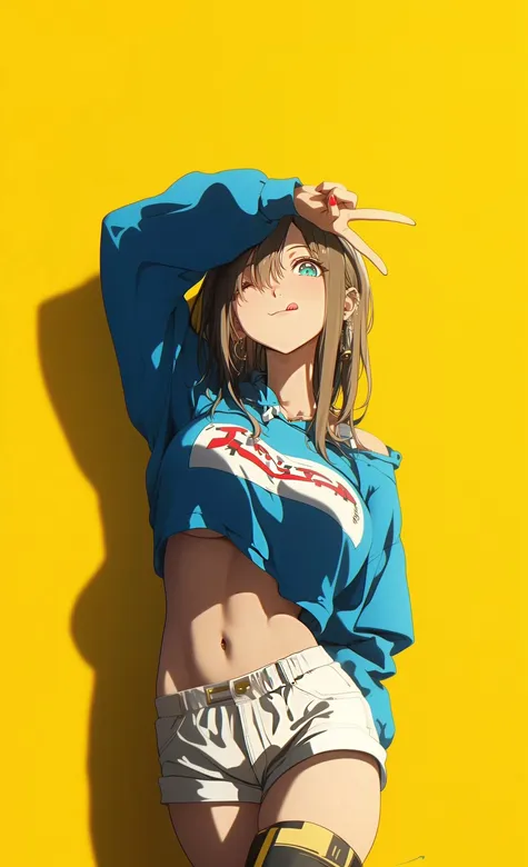 蓝衣，白色短裤，剪刀手动漫美少女手机壁纸插画