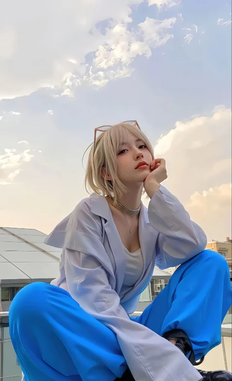 坐在屋顶的性感个性美女写真手机壁纸图片